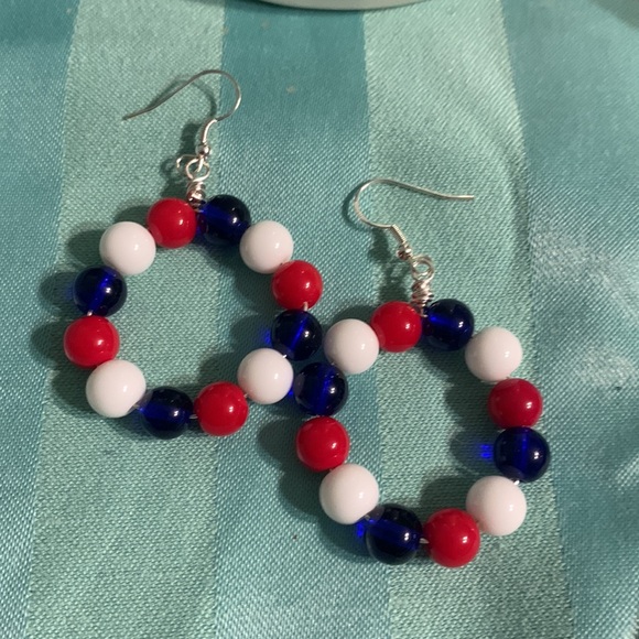 Patriotic Red, White, and Blue Beaded Hoop Earrings - Picture 6 of 8